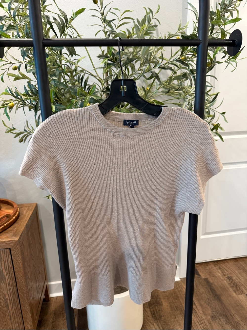 Splendid Beige Ribbed Short-Sleeve Knit Set